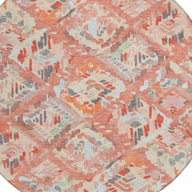 8' Coral And Orange Round Geometric Washable Indoor Outdoor Area Rug