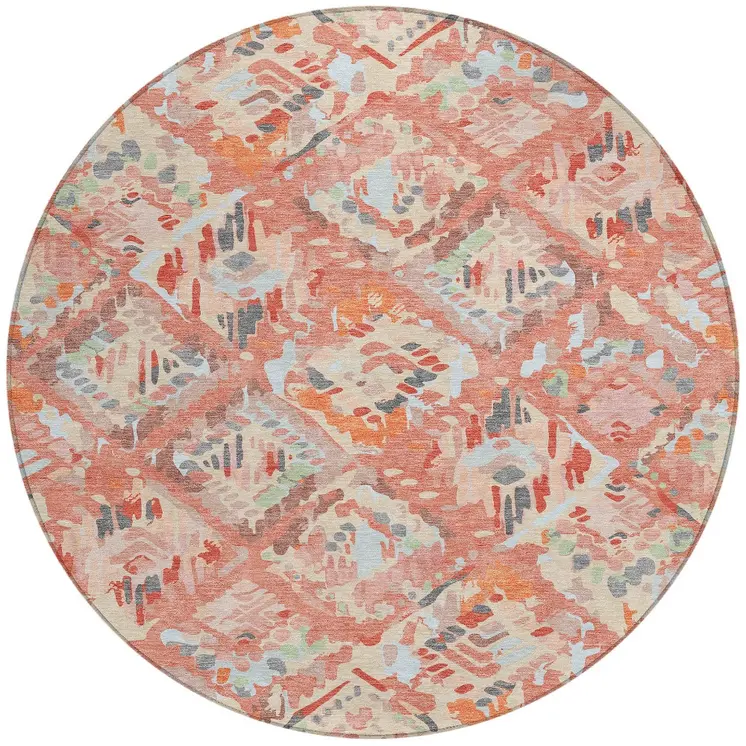 8' Coral And Orange Round Geometric Washable Indoor Outdoor Area Rug