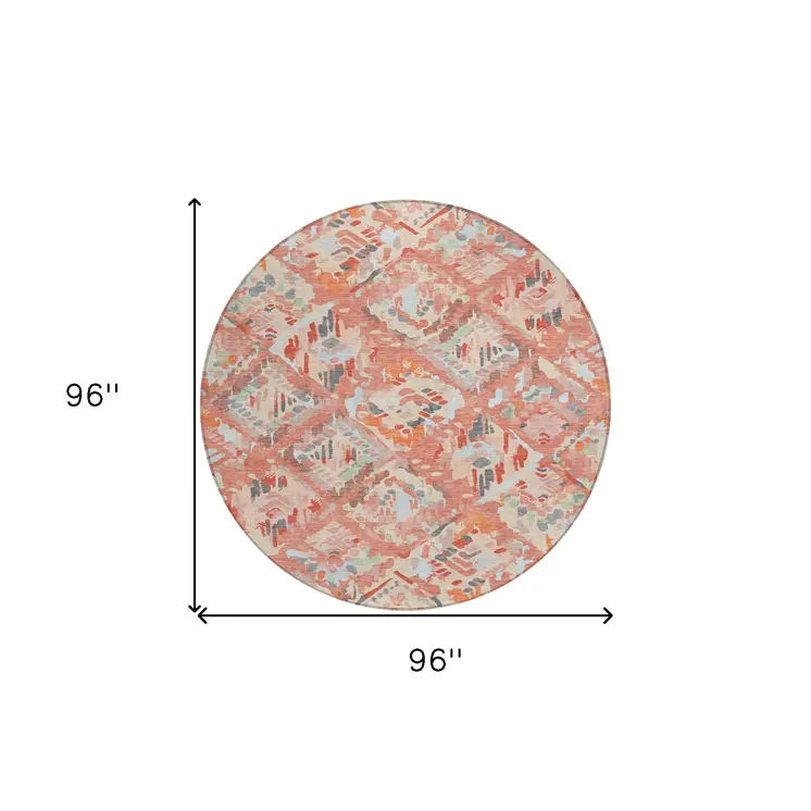 8' Coral And Orange Round Geometric Washable Indoor Outdoor Area Rug
