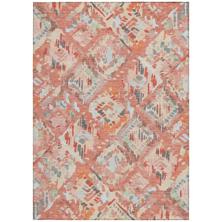 8' X 10' Coral And Orange Geometric Washable Indoor Outdoor Area Rug
