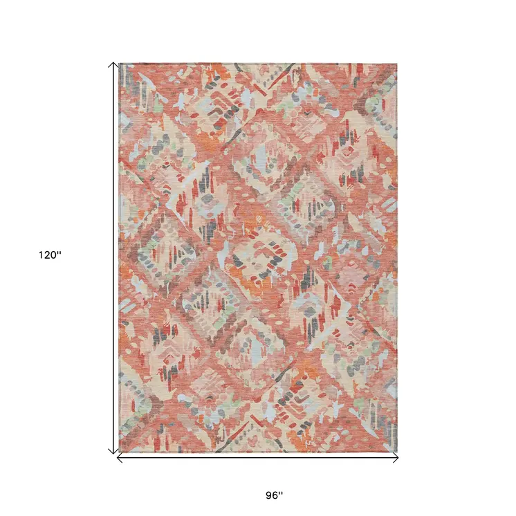8' X 10' Coral And Orange Geometric Washable Indoor Outdoor Area Rug