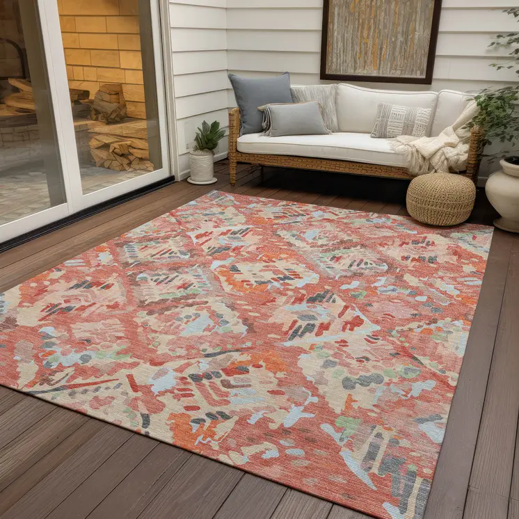8' X 10' Coral And Orange Geometric Washable Indoor Outdoor Area Rug
