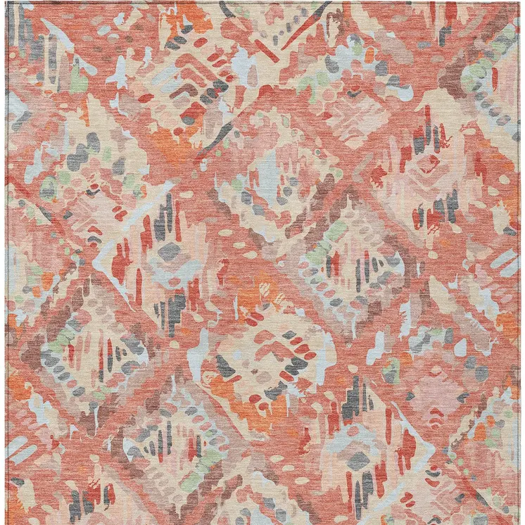8' X 10' Coral And Orange Geometric Washable Indoor Outdoor Area Rug