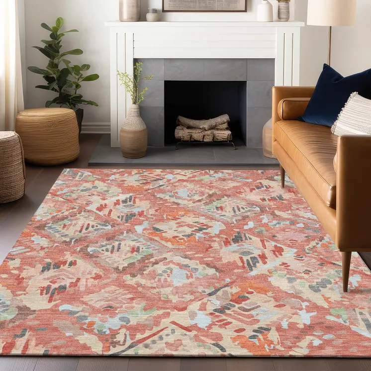 8' X 10' Coral And Orange Geometric Washable Indoor Outdoor Area Rug