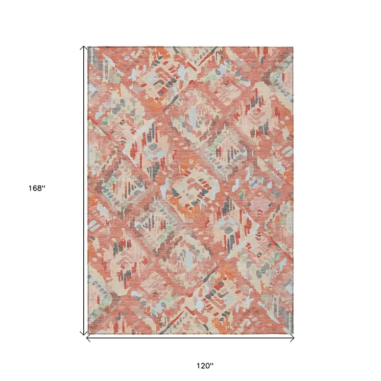 10' X 14' Coral And Orange Geometric Washable Indoor Outdoor Area Rug