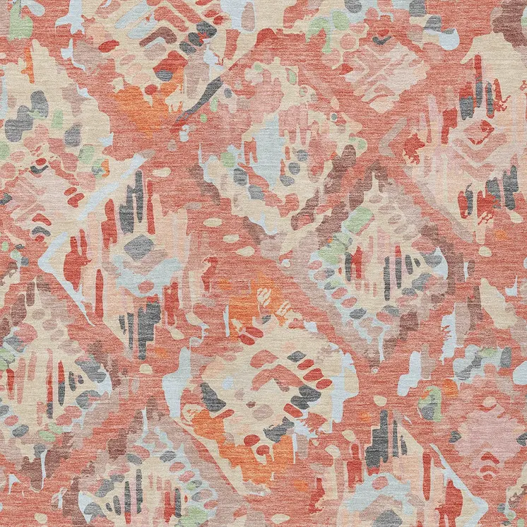 10' X 14' Coral And Orange Geometric Washable Indoor Outdoor Area Rug