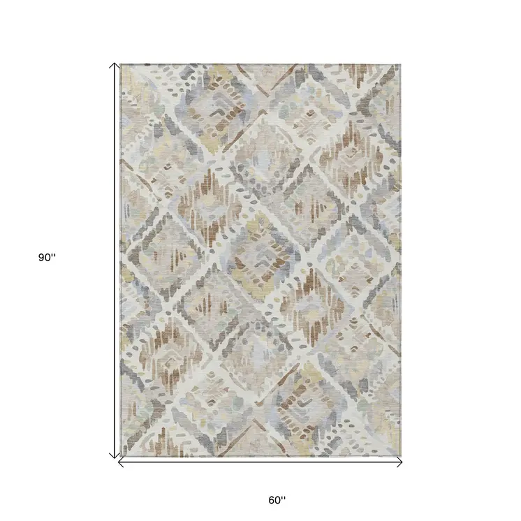5' X 8' Ivory And Cream Geometric Washable Indoor Outdoor Area Rug