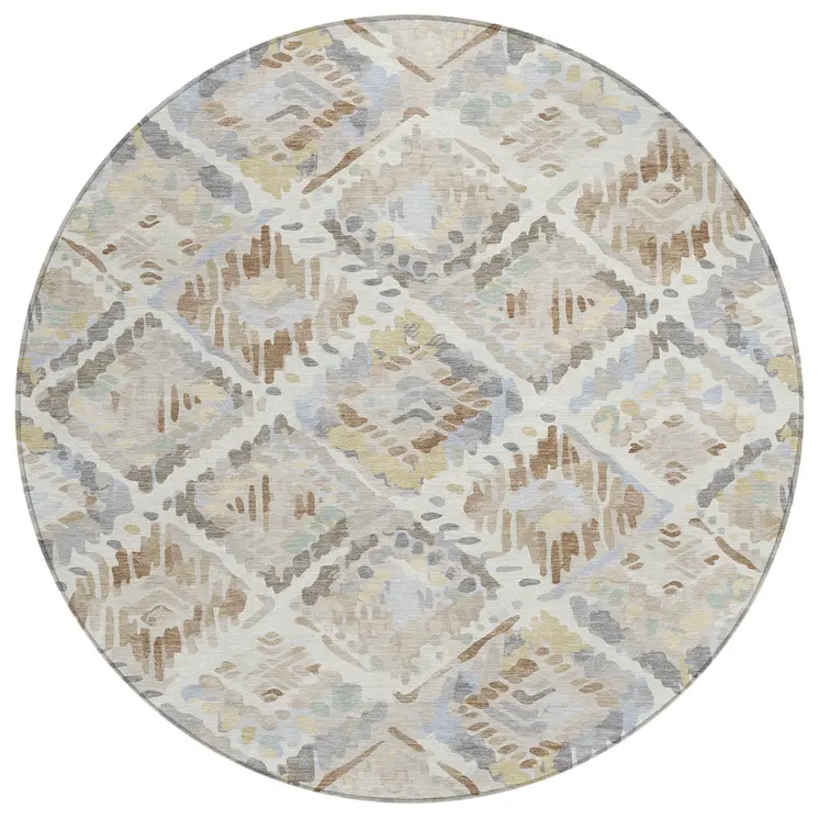 8' Ivory And Cream Round Geometric Washable Indoor Outdoor Area Rug