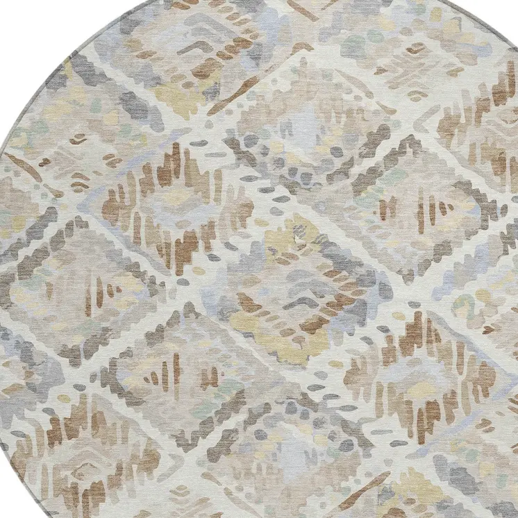 8' Ivory And Cream Round Geometric Washable Indoor Outdoor Area Rug