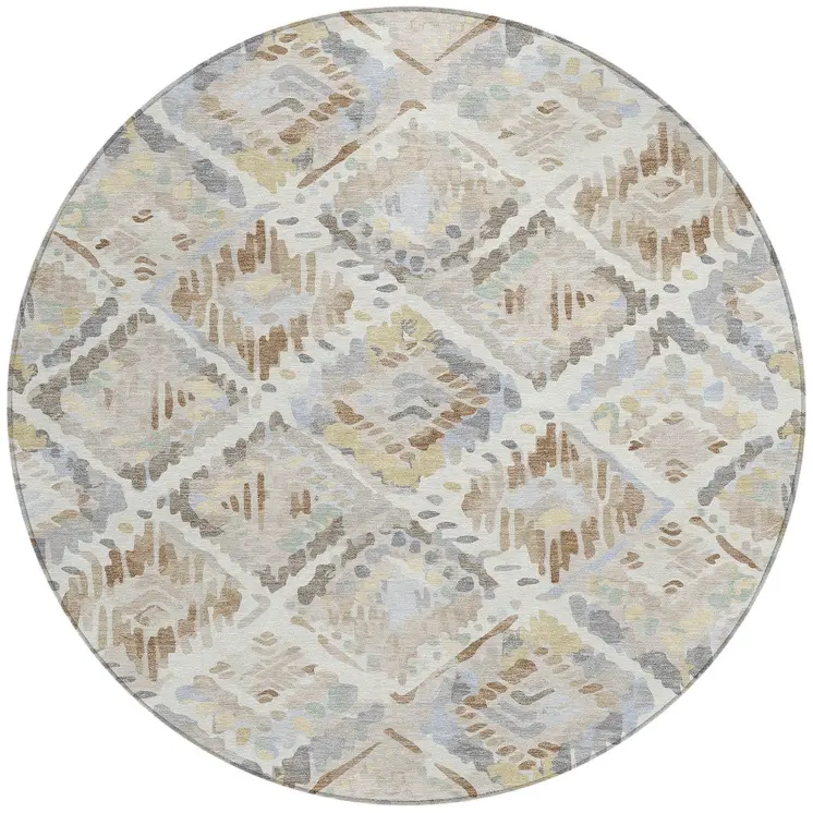 8' Ivory And Cream Round Geometric Washable Indoor Outdoor Area Rug