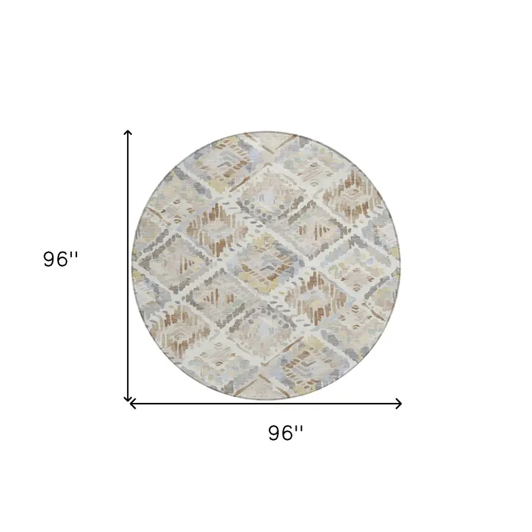 8' Ivory And Cream Round Geometric Washable Indoor Outdoor Area Rug