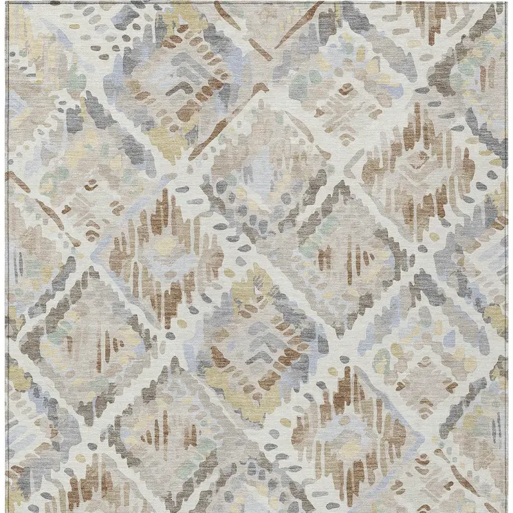 8' X 10' Ivory And Cream Geometric Washable Indoor Outdoor Area Rug