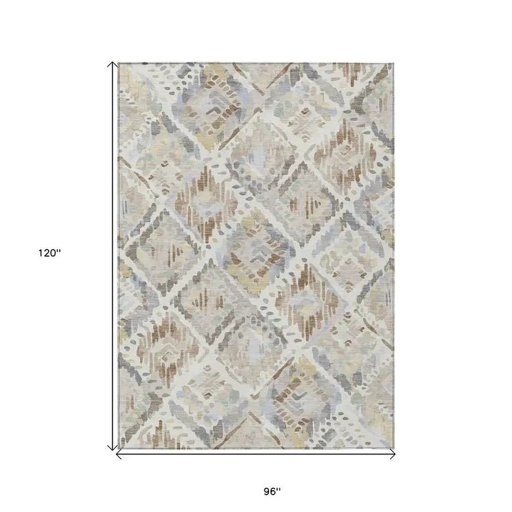 8' X 10' Ivory And Cream Geometric Washable Indoor Outdoor Area Rug