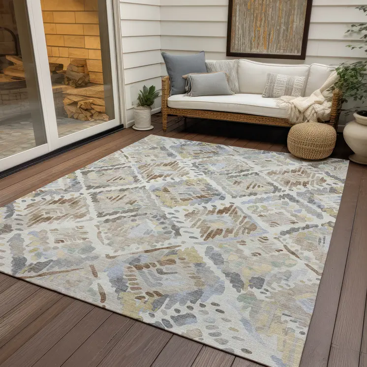 8' X 10' Ivory And Cream Geometric Washable Indoor Outdoor Area Rug