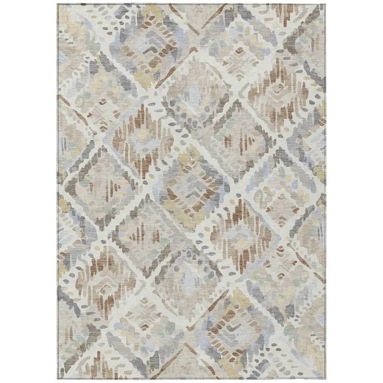 8' X 10' Ivory And Cream Geometric Washable Indoor Outdoor Area Rug