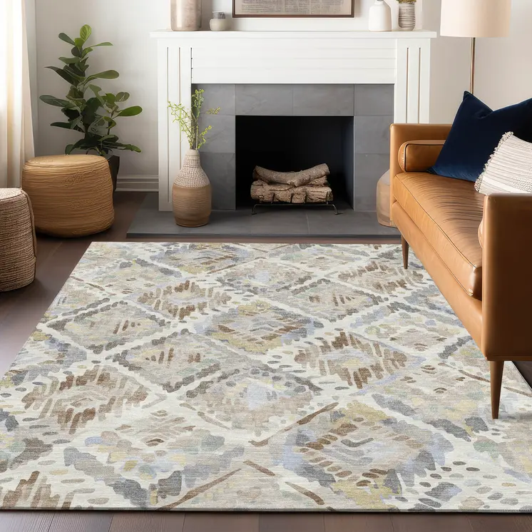 8' X 10' Ivory And Cream Geometric Washable Indoor Outdoor Area Rug
