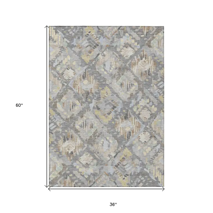 3' X 5' Gray And Brown Geometric Washable Indoor Outdoor Area Rug