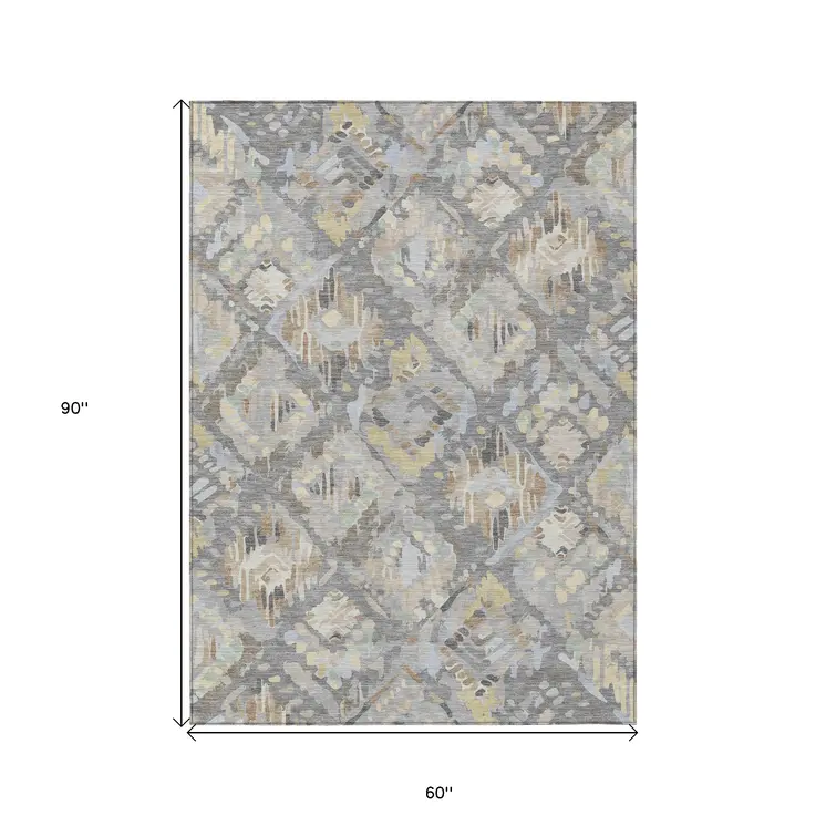 5' X 8' Gray And Brown Geometric Washable Indoor Outdoor Area Rug