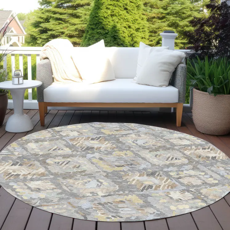 8' Gray And Brown Round Geometric Washable Indoor Outdoor Area Rug