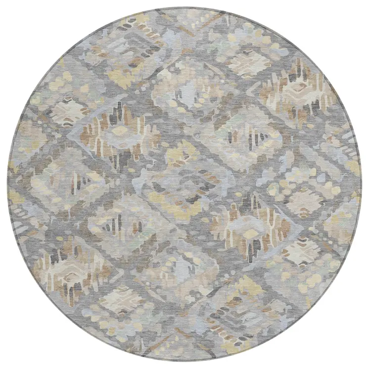 8' Gray And Brown Round Geometric Washable Indoor Outdoor Area Rug