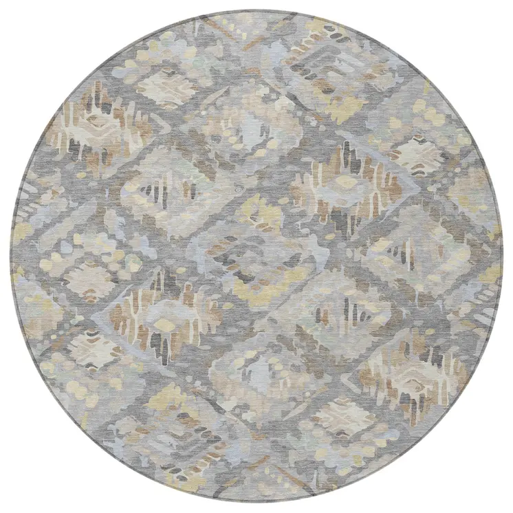 8' Gray And Brown Round Geometric Washable Indoor Outdoor Area Rug
