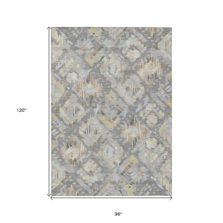 8' X 10' Gray And Brown Geometric Washable Indoor Outdoor Area Rug