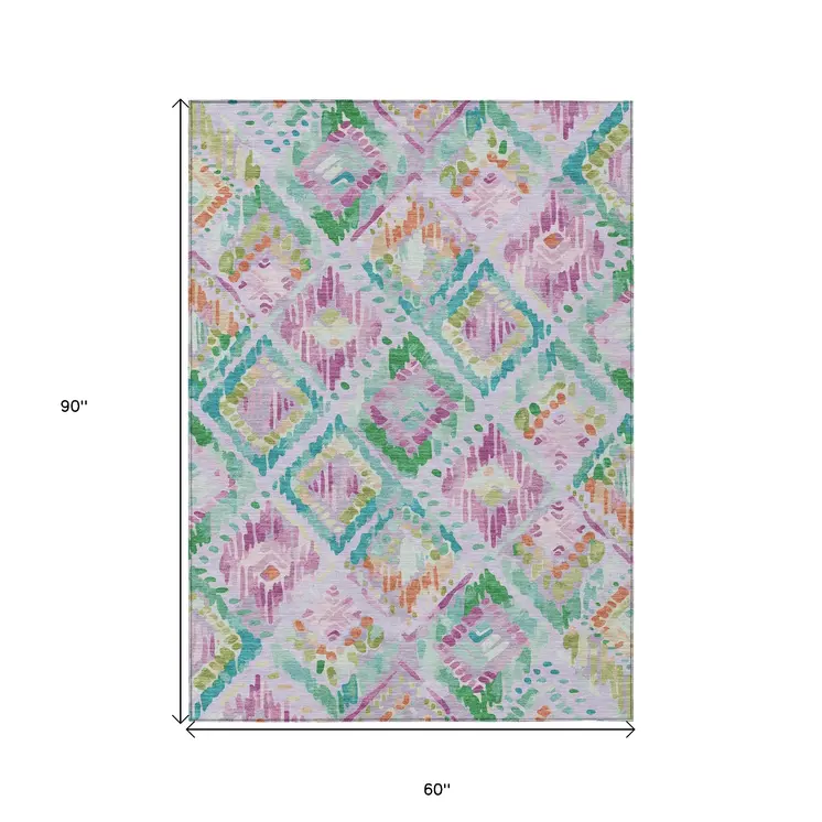 5' X 8' Lavender And Purple Geometric Washable Indoor Outdoor Area Rug
