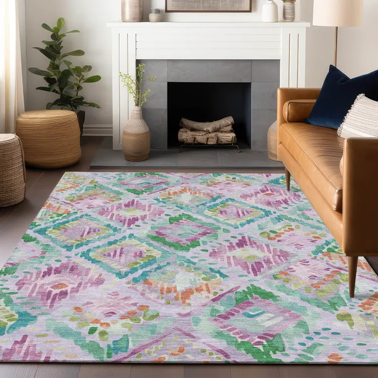 5' X 8' Lavender And Purple Geometric Washable Indoor Outdoor Area Rug