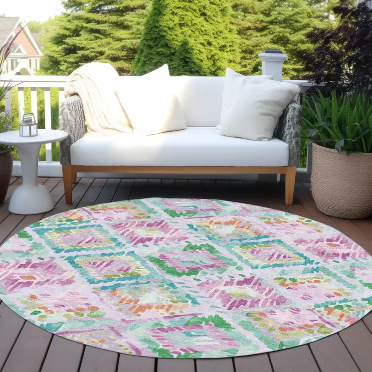 8' Lavender And Purple Round Geometric Washable Indoor Outdoor Area Rug
