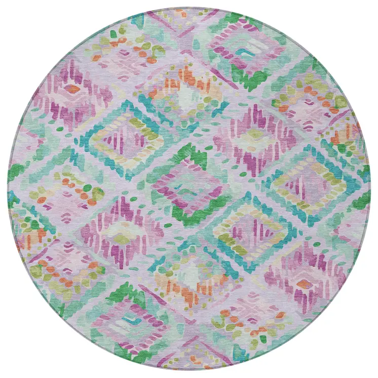 8' Lavender And Purple Round Geometric Washable Indoor Outdoor Area Rug