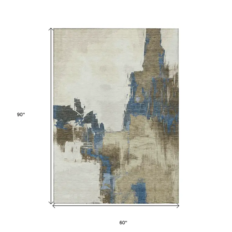 5' X 8' Beige And Brown Abstract Washable Indoor Outdoor Area Rug