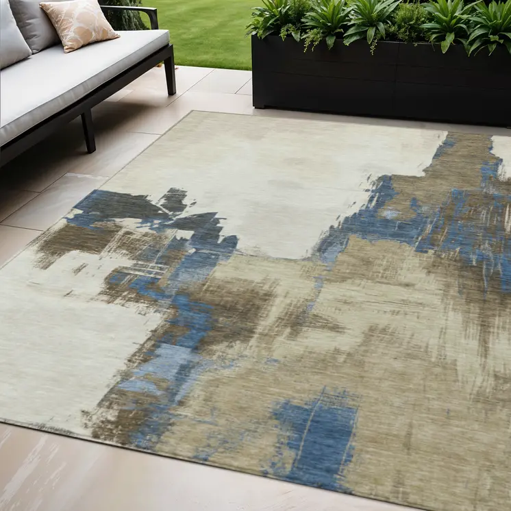 5' X 8' Beige And Brown Abstract Washable Indoor Outdoor Area Rug