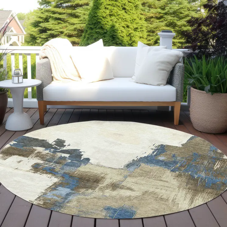 8' Beige And Brown Round Abstract Washable Indoor Outdoor Area Rug
