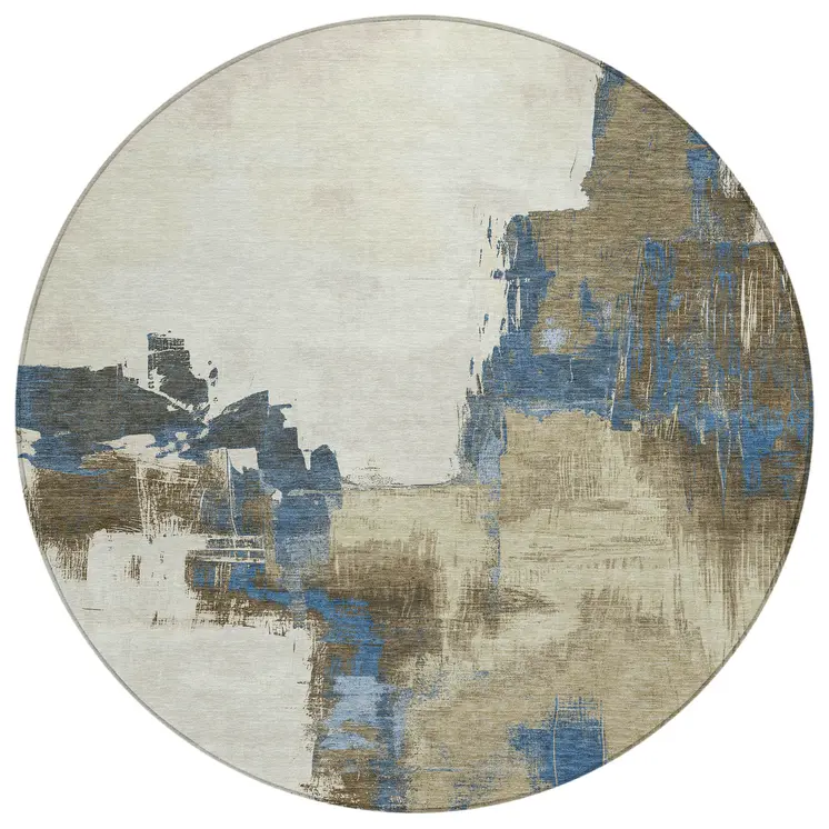 8' Beige And Brown Round Abstract Washable Indoor Outdoor Area Rug
