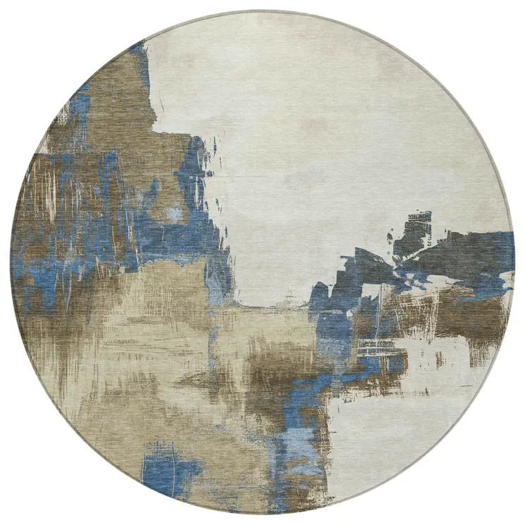 8' Beige And Brown Round Abstract Washable Indoor Outdoor Area Rug