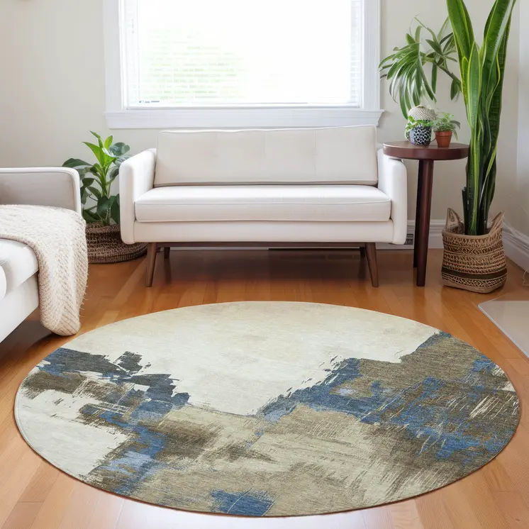 8' Beige And Brown Round Abstract Washable Indoor Outdoor Area Rug