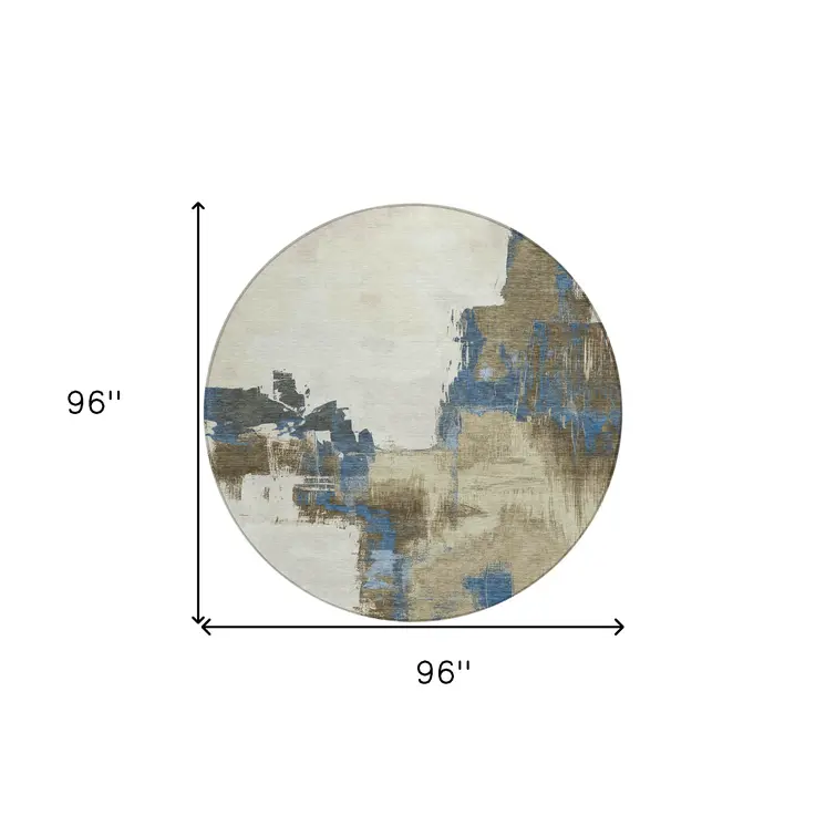 8' Beige And Brown Round Abstract Washable Indoor Outdoor Area Rug