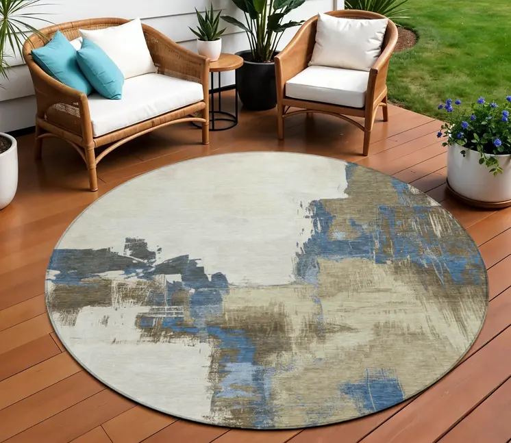 8' Beige And Brown Round Abstract Washable Indoor Outdoor Area Rug