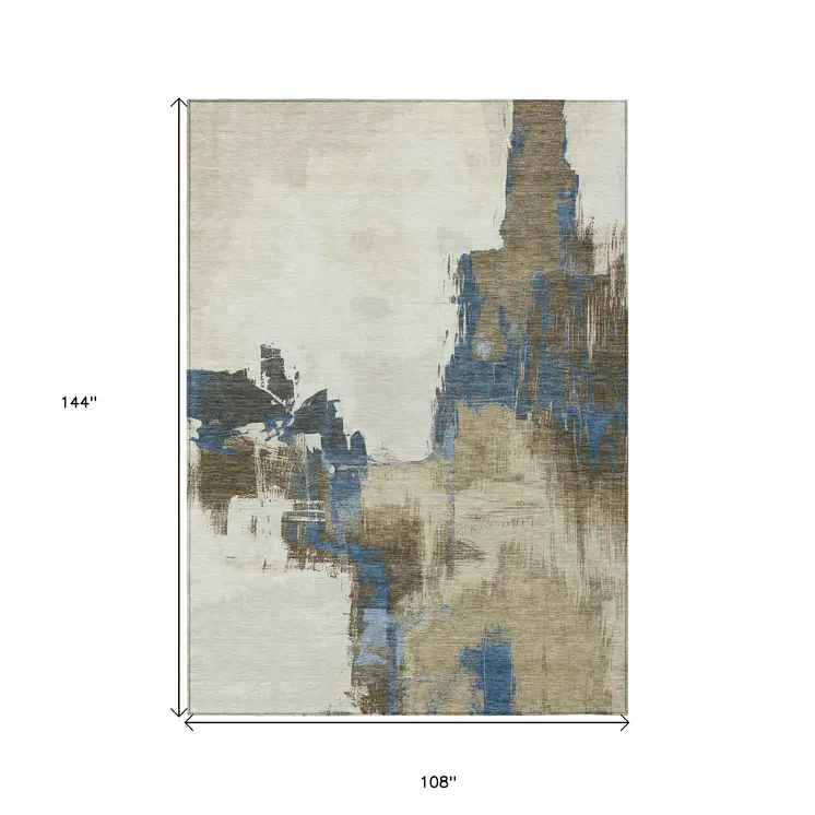 9' X 12' Beige And Brown Abstract Washable Indoor Outdoor Area Rug
