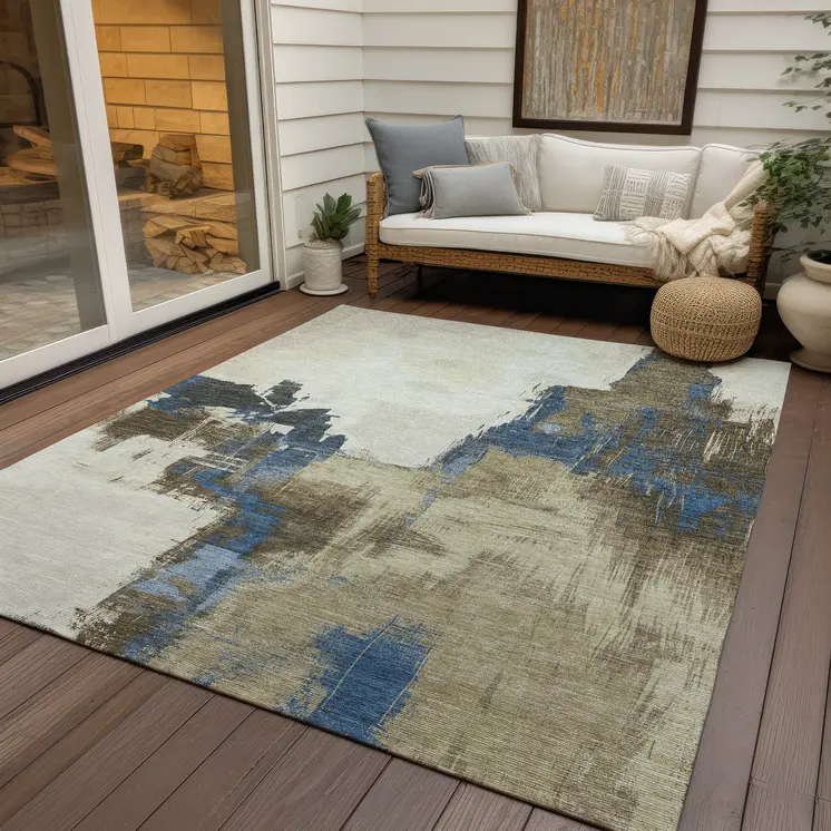 9' X 12' Beige And Brown Abstract Washable Indoor Outdoor Area Rug