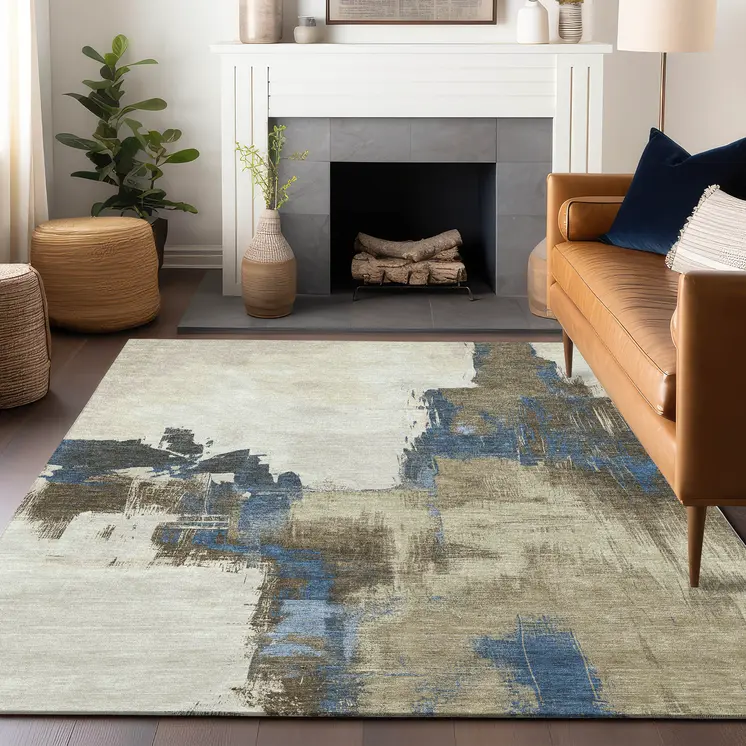 9' X 12' Beige And Brown Abstract Washable Indoor Outdoor Area Rug