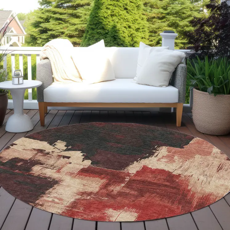8' Brick Red And Red Round Abstract Washable Indoor Outdoor Area Rug