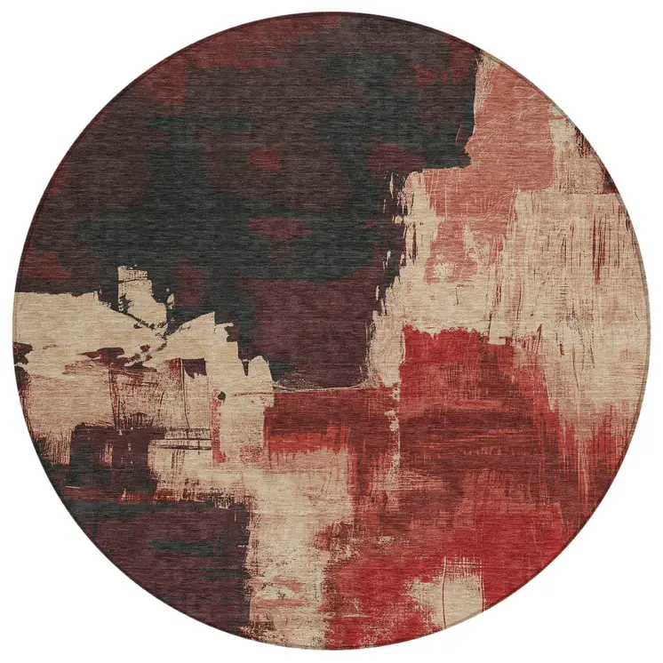 8' Brick Red And Red Round Abstract Washable Indoor Outdoor Area Rug
