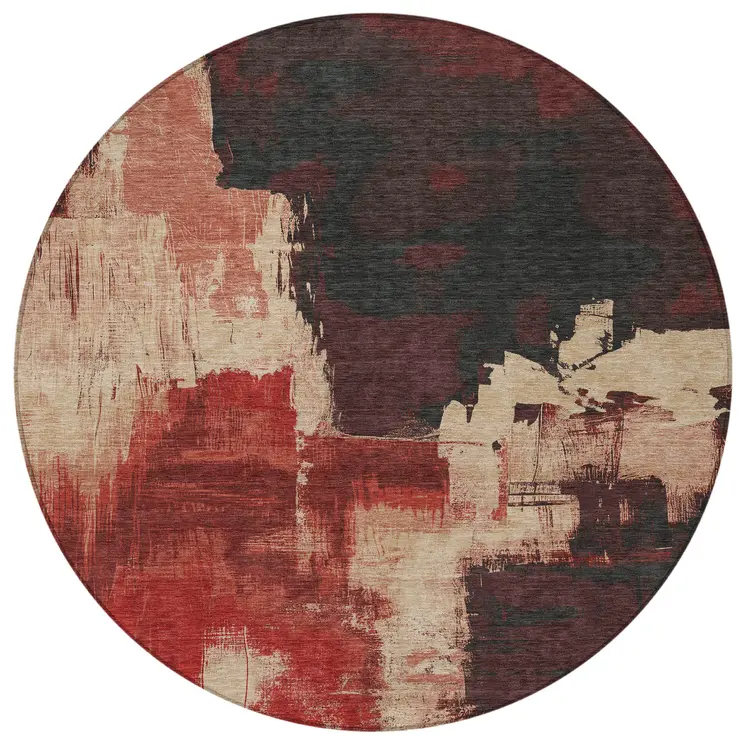 8' Brick Red And Red Round Abstract Washable Indoor Outdoor Area Rug