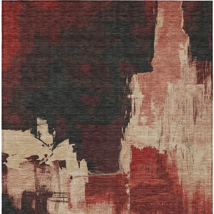 9' X 12' Brick Red And Red Abstract Washable Indoor Outdoor Area Rug