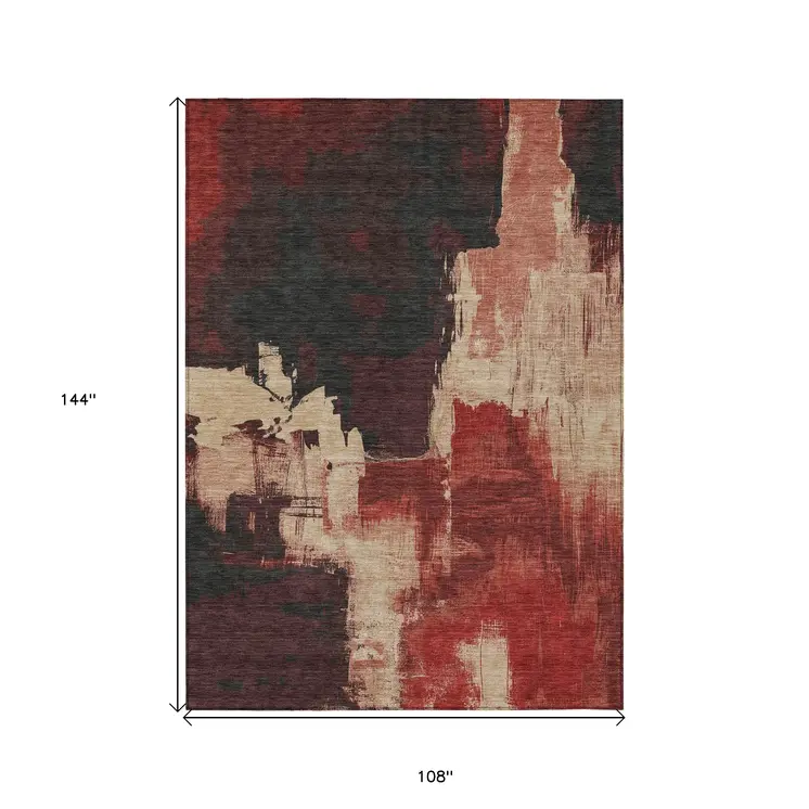 9' X 12' Brick Red And Red Abstract Washable Indoor Outdoor Area Rug
