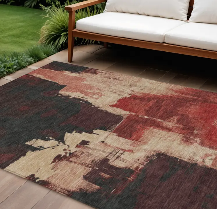 9' X 12' Brick Red And Red Abstract Washable Indoor Outdoor Area Rug