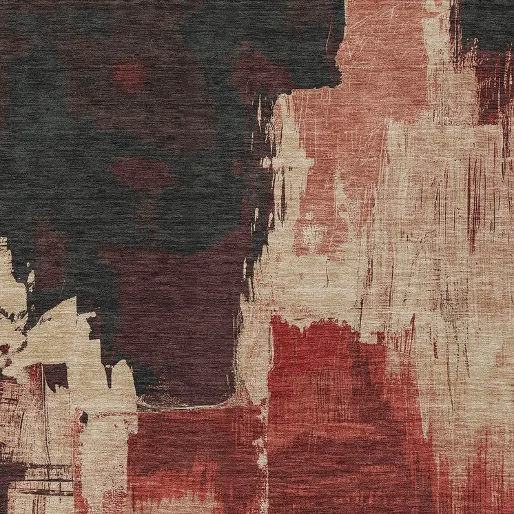 9' X 12' Brick Red And Red Abstract Washable Indoor Outdoor Area Rug