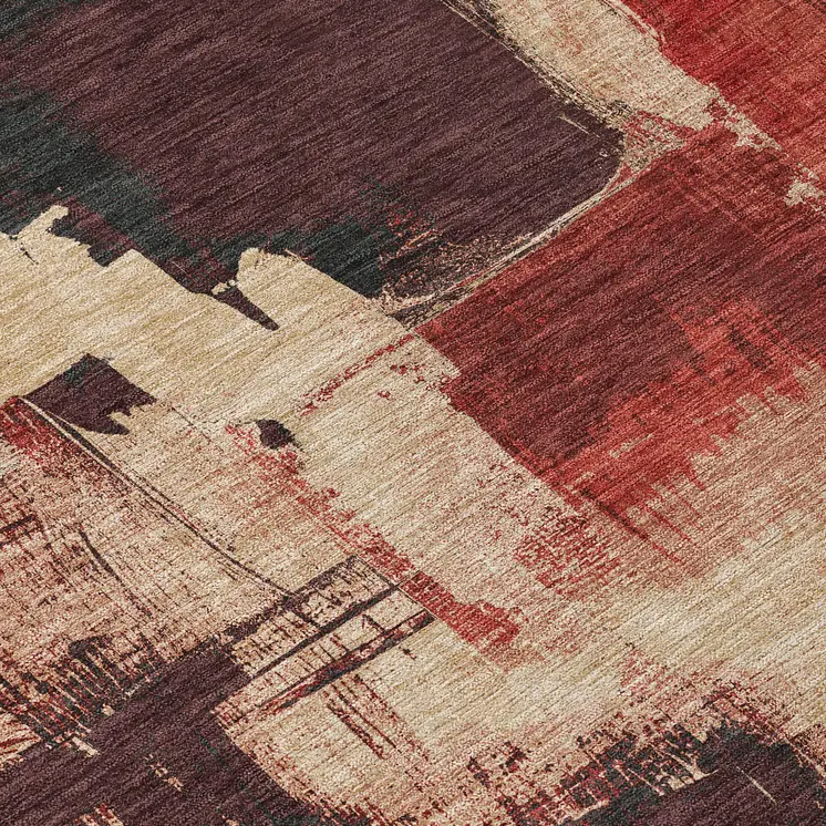 10' X 14' Brick Red And Red Abstract Washable Indoor Outdoor Area Rug
