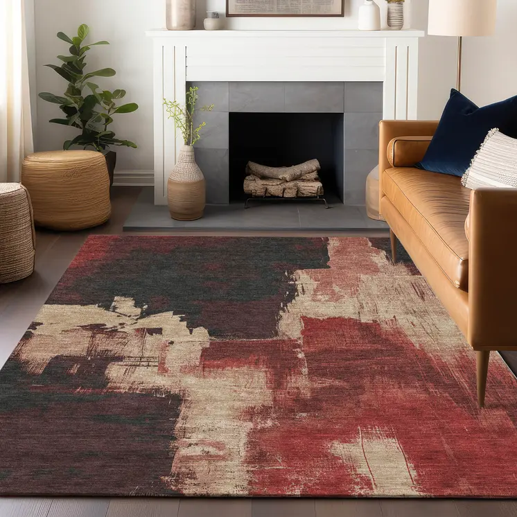 10' X 14' Brick Red And Red Abstract Washable Indoor Outdoor Area Rug